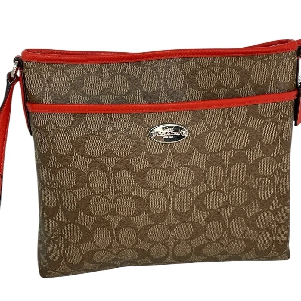 COACH Purse Shoulder Bag Crossbody Brown Red Coated Canvas Monogram Signature